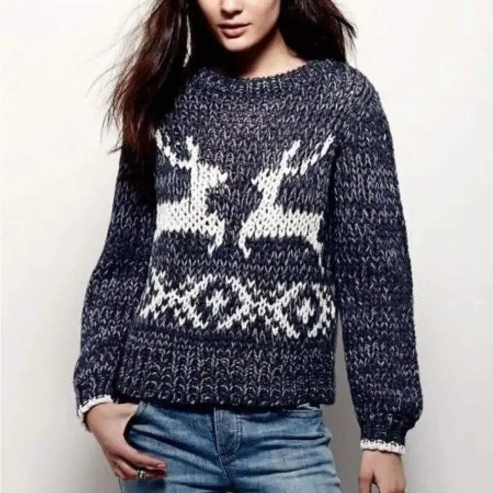 Free People Reindeer Knit Wool Blend Sweater Size XS